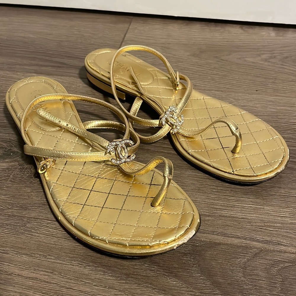 Chanel flat gold sandals